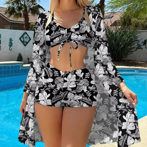 Women’s Tropical <b>Leaf</b> Print 3-Piece Swimwear Set with Cover-Up - Product Image 1