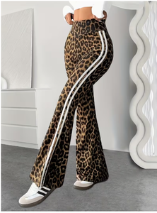 Women <b>High</b> Waist <b>Leopard</b> <b>Print</b> Flare Pants Loose Fit Full Length Knitted Casual Elastic Waist Side Stripe Autumn Pants Women - Product Image 4