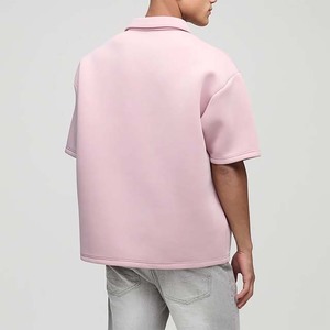 Men's Plus Size Pink Knitted Polo <b>Shirt</b> Short Sleeve Casual Zipper <b>Collar</b> Solid Color Front Logo - Product Image 3