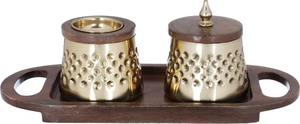 Ensemble de brûleurs d'encens de luxe en or martelé et bois, encensoir en bois de manguier Bakhoor en gros avec pot de rangement assorti et plateau de service ovale - Product Image 5