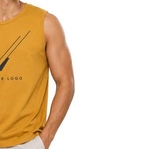 Mustard <b>Yellow</b> Sleeveless Tank <b>Top</b> With Minimal Logo Print Design Men Custom Cotton <b>Vest</b> Round Neck Summer Casual Streetwear - Product Image 4