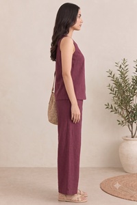 <b>Women's</b> Two Piece <b>Linen</b> <b>Set</b> Sleeveless O-Neck Top With Wide Leg Pants Loose Fit Solid Color Casual Spring Summer Wear - Product Image 3