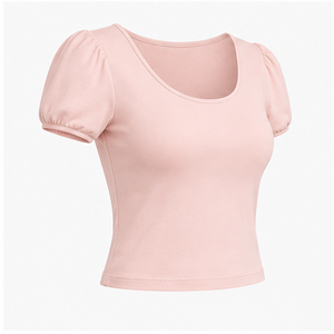 Camiseta Corta Ajustada de Manga Corta con Cuello Redondo y Color Rosa Pálido para Mujer WTS-0085 - Product Image 3