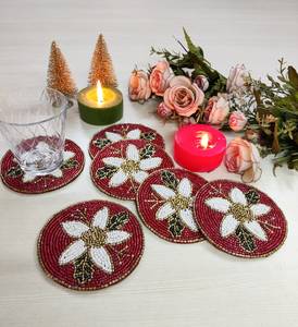 Handmade Red <b>Round</b> Beaded Coasters with <b>White</b> Floral Embroidery Eco-Friendly Home & Hotel Use - Product Image 2