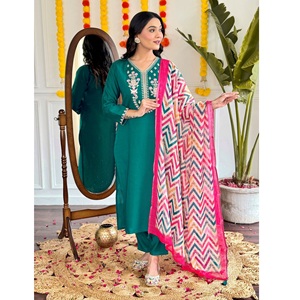Women's Most Trending Sea Green Viscose Chanderi <b>Kurti</b> Embroidered with Viscose Pant And Printed Dupatta Sets - Product Image 1