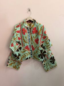 Hand Embroidered Floral Quilted Cotton <b>Jacket</b> <b>Mandarin</b> <b>Collar</b> Three Quarter Sleeves Short Length Boho Style Winter Spring Summer - Product Image 4