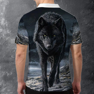 Polo pour homme avec impression 3D de loup noir par sublimation |   T-shirt à col zippé à imprimé animalier Midnight Predator |   Haut décontracté style streetwear - Product Image 5
