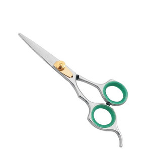 Ciseaux de coiffure professionnels en acier inoxydable avec anneaux en silicone vert, vis de tension dorée et poignée ergonomique - Product Image 1