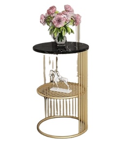 Table ronde en marbre de fer, coin de salon, plusieurs tables de chevet, balcon, chambre à coucher, couleur noir + or - Product Image 1