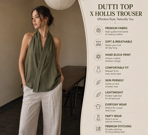 Ensemble coordonné décontracté exclusif pour femmes en coton vert olive, haut à col halter et pantalon beige - Product Image 2