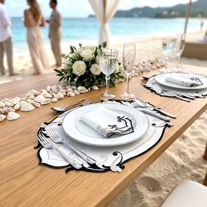 Elegant <b>Black</b> Embroidered Linen <b>Placemats</b> and Napkins Set Scalloped Edge Baroque Table Mat for Hotel Wedding Banquet Decor - Product Image 3