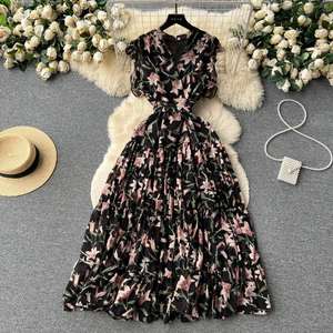 เดรสยาวลายดอกไม้สไตล์วินเทจฝรั่งเศสสำหรับผู้หญิง แขนกุด คอปก  ลำลอง  หรูหรา  เหมาะสำหรับงานปาร์ตี้  ชายหาด  ฤดูร้อน - Product Image 3