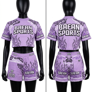 Conjunto de Top Corto y Pantalones Cortos para Mujer de Alta Calidad, 190 GSM, Poliéster y Elastano, Estampado de Llamas Púrpuras, Logotipo Sublimado Personalizado - Product Image 3