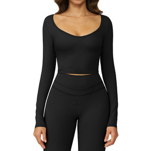 Conjunto de Yoga de 2 Piezas para Mujer con Logotipo Personalizado, Top Corto de Manga Larga y Leggings de Cintura Alta para Gimnasio, Fitness y Pilates - Product Image 5