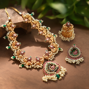Peacock Jadau <b>Pearl</b> Bridal <b>Necklace</b> <b>Set</b> with Gold Plated Designer Earrings - Product Image 3