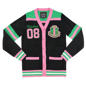 AKA 1908 Cardigan long femme noir et rose d'hiver, anti-rides, en tricot boutonné, avec broderie chenille, pour tenue de sororité grecque - Product Image 1