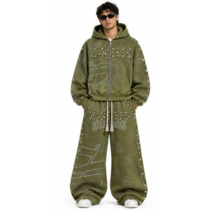 Reasonable Price Olive Green Hooded Tracksuit Full Length Loose Fit Streetwear Sweatshirt and Pants Set <b>Acid</b> <b>Wash</b> 100% Cotton - Product Image 5