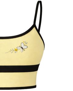 Conjunto de camisola y pantalones cortos para mujer, color amarillo claro y negro, conjunto de dos piezas de verano, Top corto de mezcla de algodón, pantalones cortos con cordón y estampado de mariposas - Product Image 3