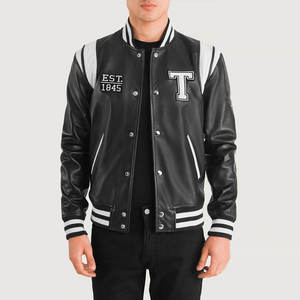 Blouson universitaire d'hiver noir en cuir véritable imperméable pour homme, col montant, avec patchs lettres brodés, fermeture éclair frontale, style preppy - Product Image 1