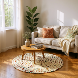 Tapis rond artisanal 100 % laine blanc cassé, coloré, en chindi recyclé, tressé, à tissage plat en spirale, style bohème, pour accent de décoration - Product Image 1