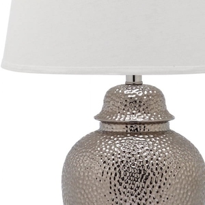 Latest design Hammered Silver metal <b>Table</b> Lamp Luxury Textured Metal Base White Fabric Shade Elegant <b>Bedside</b> Nightstand Light - Product Image 2