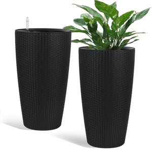 Vaso Moderno per Piante da Interno/Esterno, 22,5 Pollici, Grande, in Plastica Nera con Design Imitazione Rattan, Vasi e Fioriere Intelligenti - Product Image 1