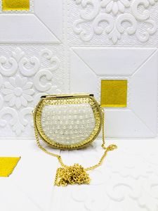 Elegant Pearl Beaded Metal <b>Clutch</b> Bag <b>Gold</b> Chain | Craftstages International Bridal Wedding Party Handbag for Women Made Delhi - Product Image 3