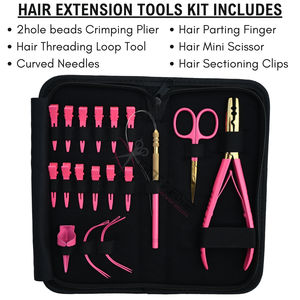 Kit de herramientas Elite Pink para extensiones de cabello con alicates de crimpado de 2 orificios, agujas curvas para enhebrar, separador de cabello y mini tijeras. - Product Image 2