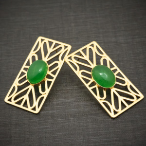 Élégantes boucles d'oreilles rectangulaires géométriques plaquées or 18 carats avec pierre précieuse ovale en jade naturel, bijoux tendance pour femmes - Product Image 4