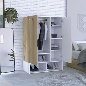 Armoire à double porte en chêne clair/blanc avec cinq étagères Barre de suspension Deux étagères ouvertes Armoire élégante au design - Product Image 6