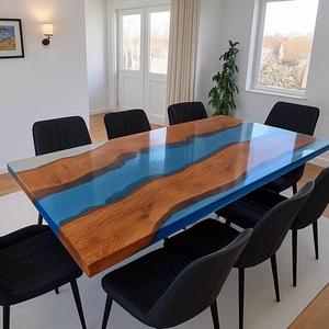โต๊ะรับประทานอาหารทรงสี่เหลี่ยมผืนผ้าเรซิ่นอีพ็อกซี่สีน้ำเงินหรูหรา ขอบไม้ธรรมชาติ ทำด้วยมือ ทันสมัย เป็นมิตรกับสิ่งแวดล้อม เฟอร์นิเจอร์สำหรับใช้ภายในอาคาร - Product Image 1
