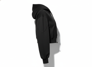 Stylish Cropped Full Zip Hoodie for Women | Casual Black Sweatshirt with Drawstring Hood & Ribbed Hem - Product Image 4