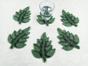 Green Leaf Embroidered Fabric Coasters Set of 6 Reusable <b>Bar</b> <b>Mats</b> Classic Style - Product Image 5