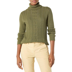 Women's Olive Green Turtleneck Pullover Sweater 100% Wool Cable Knit Full Sleeve Thick Winter Casual Style - Product Image 1