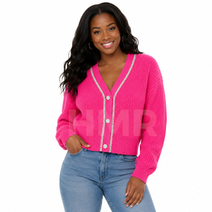 Cárdigan de punto de color sólido de alta calidad para mujer, con cuello en V, manga larga, con botones, informal, de la hermandad HMR Sorority. - Product Image 1