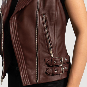 Chaleco de Cuero de Alta Calidad para Mujer, Piel de Oveja Genuina, Cuello con Muescas, Chalecos de Cuero Personalizados Premium para Mujer con OEM - Product Image 6