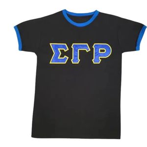 T-shirt Ringer Sororité Sigma Gamma Rho Lettres en Satin Dorées pour Femme Manches Courtes Motif Lettres Grecques Décontracté Tendance Personnalisé - Product Image 1