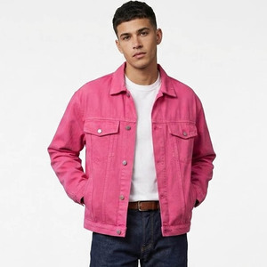 Men's Pink Denim <b>Jacket</b> Regular Fit Solid Color Button Closure Casual Style Autumn Wear - Product Image 1