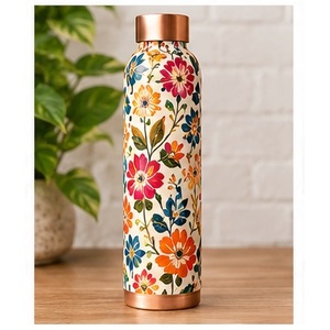 Designer Floral Bird <b>Copper</b> <b>Water</b> <b>Bottle</b> with <b>Copper</b> Accents Portable Travel Drinkware - Product Image 2