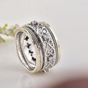 Bague en argent sterling 925 et or 9 carats avec pierres CZ, bague de mariage large pour femme, zircone ronde, bague tendance - Product Image 3