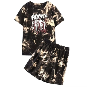 <b>Men's</b> <b>Tie</b> Dye Short Sleeve T-Shirt And Shorts Set Casual Summer Outfit Printed <b>Black</b> And Beige Knitted Breathable Wear - Product Image 1