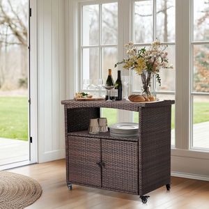 Outdoor <b>Kitchen</b> Serving Cart Roll with Storage Cabinet Patio Wicker <b>Sideboard</b> Buffet Prep Table <b>for</b> Outdoor Bar or Patio - Product Image 4