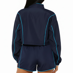 Women Custom Made 100% Nylon Windbreaker Quater <b>Zipper</b> <b>Jacket</b> & Short Set For Wholesale All Over Piping Lightweight Short Set - Product Image 3