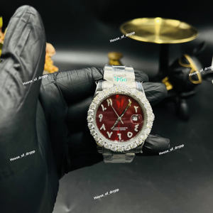 Montre de luxe en acier inoxydable sertie de diamants Moissanite avec cadran rouge et lunette effet diamant, montre-bracelet de caractère - Product Image 1