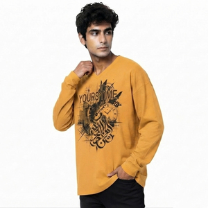T-shirt décontracté à manches longues et col en V en coton imprimé pour homme – Coupe ample respirante style urbain – Personnalisable - Product Image 5