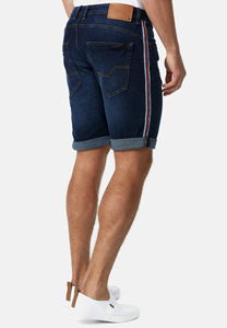Shorts en jean vintage délavé avec logo personnalisé pour homme, coupe droite, style urbain, boutons sur le devant, décontracté, bleu foncé, avec bande latérale, idéal pour l'été - Product Image 5