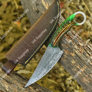 Couteau à lame fixe en acier Damas, pointe tombante, avec trou pour le pouce, pour bushcraft, chasse, camping, avec manche ergonomique en résine de pin - Product Image 2
