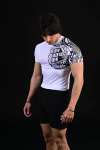 Men's White Short Sleeve Crew Neck <b>T</b>-Shirt with Front Logo Black Tribal Print Slim Fit Quick Dry Polyester Sport Top - Product Image 3