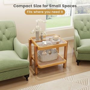 Tavolino Laterale a 2 Ripiani in Rattan con Piano in Vetro Temperato e Gambe in Legno di Acacia per Arredamento Soggiorno - Product Image 6