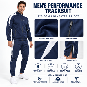 Ensemble de survêtement bleu marine pour homme avec fermeture éclair intégrale, bande blanche, logo personnalisé, style sportif, en polyester, pour l'automne - Product Image 1